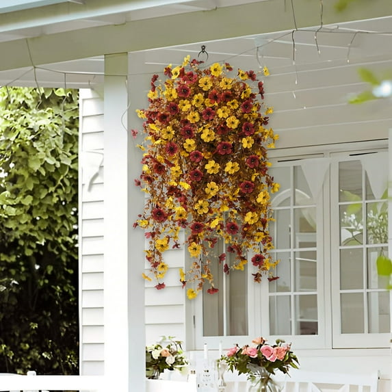26.8" Artificial Hanging Fall Flowers for Outdoor, Hanging Flowers Plants Decors, Plastic Fake Violet Flowers Fall Decorations for Wedding Home Garden Porch Outside(Yellow)