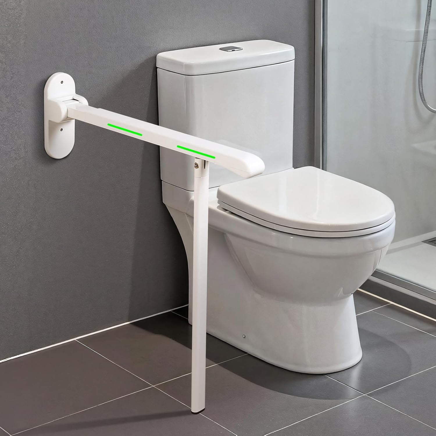 Safety Railing Boots 26.8 INCH Flip-Up Toilet Grab Bar with Support Leg, Wall-Mounted Safety ...