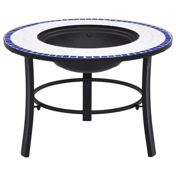 26.8 Inch Blue and White Ceramic Tile Outdoor Fire Pit Table with Steel Stand and BBQ Grill