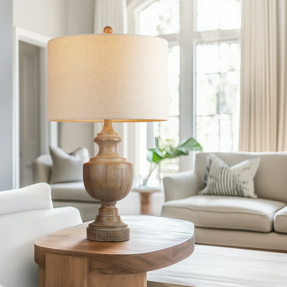 26.8" Large Brown Resin Table Lamp, Farmhouse Bedside Lamp Trophy Shaped End Lamp with Linen Shade 9W LED Bulb for Living Room Study