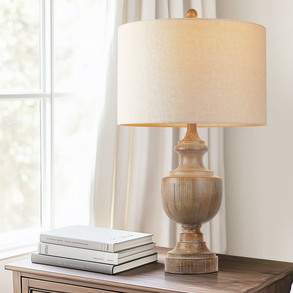 26.8" Large Brown Resin Table Lamp, Farmhouse Bedside Lamp with Linen Shade Bulb for Living Room