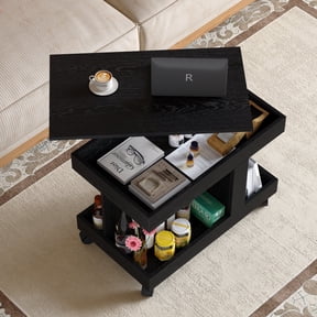 26.8" Rolling Side Table with 360° Rotating Top, Storage and Wheels, Black