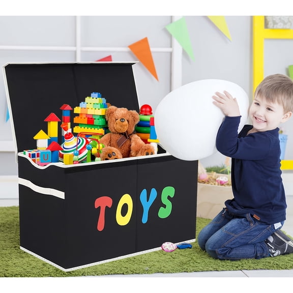 26.8X13.8X16 Black Kids Toy Chest Box with Flip-Top Lid & Handles - Large Collapsible Sturdy Storage Bins for Boys Girls Nursery Playroom Bedroom, Clothes Blanket Organizer