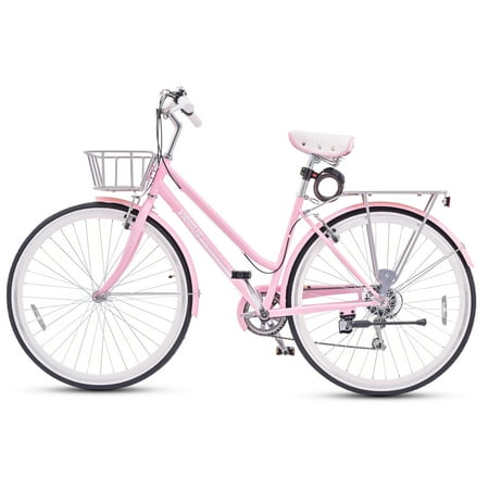 Viribus Hybrid Bike, 700c City Commute Cruiser Bike with 7 Speed Drivetrain 28" Wheel Step Through Frame Front Basket Rear Cargo Rack Dual V Brakes,Pink