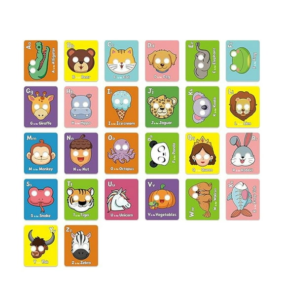 26 Alphabet AB Flash Cards with Animal Masks, Colorful Alphabet Mask Cards, Interactive, Learn Letters, English Phrases 26 PCS