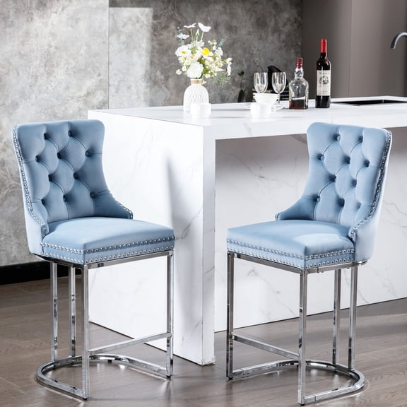 26" American Style Light Blue Bar Stools with High Back / Ergonomic Seating for Kitchen and Bar