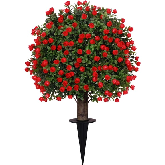 26" Artificial Boxwood Topiary Set of 2 with Spike, Fake Plants Boxwood Balls Greenery Bushes, Uv Resistant Artificial Outdoor Plants Shrubs for Front Porch Decor, Home Faux Plants Indoor