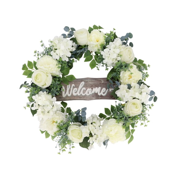 26" Artificial Peony Hydrangea & Rose Floral Spring Wreath with Wood Welcome Sign