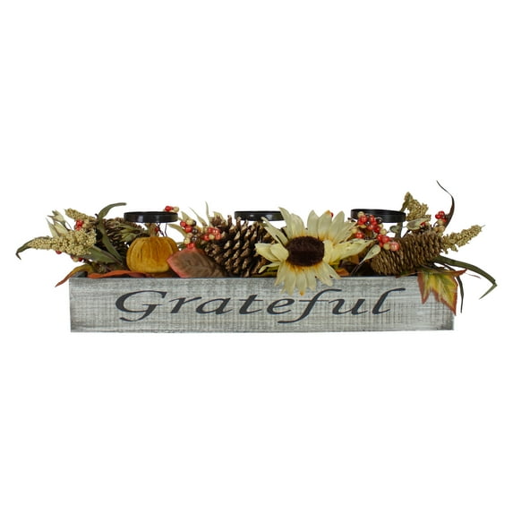 26" Autumn Harvest Sunflower 3-Piece Candle Holder in a "Grateful" Rustic Wooden Box Centerpiece