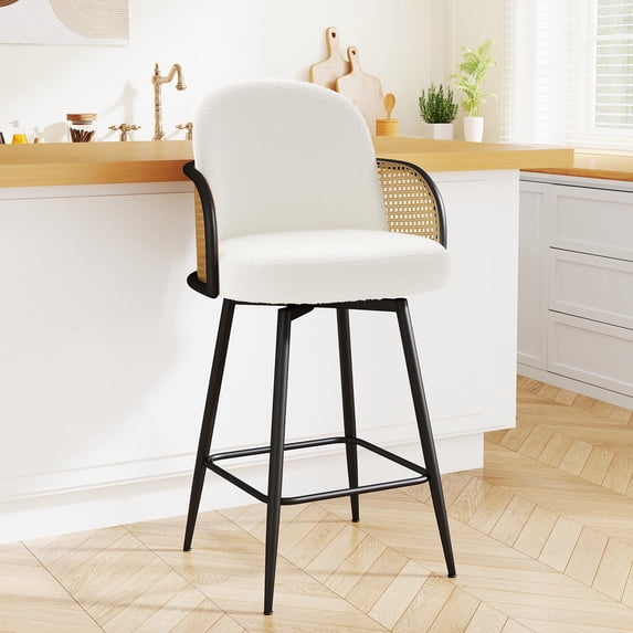 26"Bar Stools, 360° Swivel Counter Height Barstools Boucle Fabric Upholstered Bar Chairs with Rattan Back and Metal Legs for Kitchen Island Home Bar
