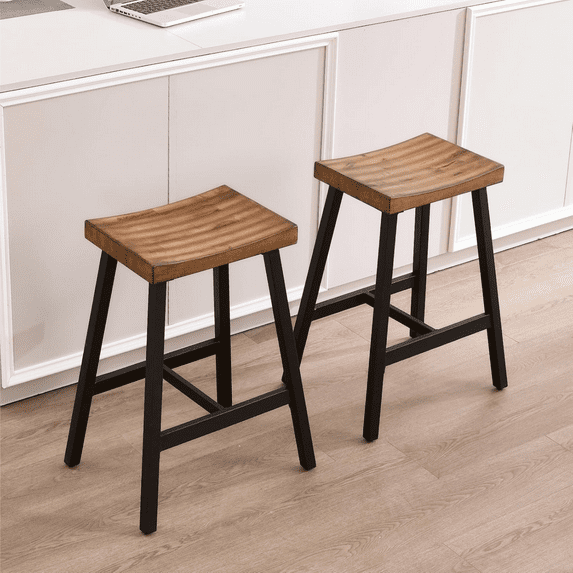 Guyou 26" Counter Height Bar Stools Set of 2 - Backless Saddle Stools with Sturdy Metal Legs for Kitchen Island, Breakfast Bar, Cafe - Antique Brown