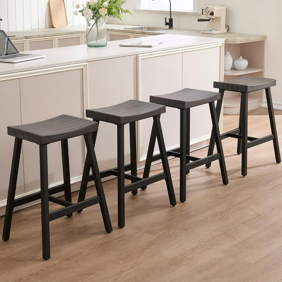 Guyou 26" Counter Height Bar Stools Set of 4 - Backless Saddle Stools with Sturdy Metal Legs for Kitchen Island, Breakfast Bar, Cafe - Antique Grey