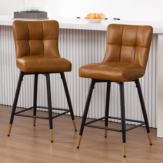 26"Bar Stools Set of 2, 360°Swivel Counter Height Bar Stools Faux Leather Upholstered Barstools with Back & Metal Legs Bread grid Counter Height Barstools for Bar Kitchen Dining Room Brown