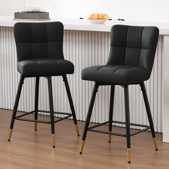 26"Bar Stools Set of 2, 360°Swivel Counter Height Bar Stools Faux Leather Upholstered Barstools with Back & Metal Legs Bread grid Counter Height Barstools for Bar Kitchen Dining Room Black