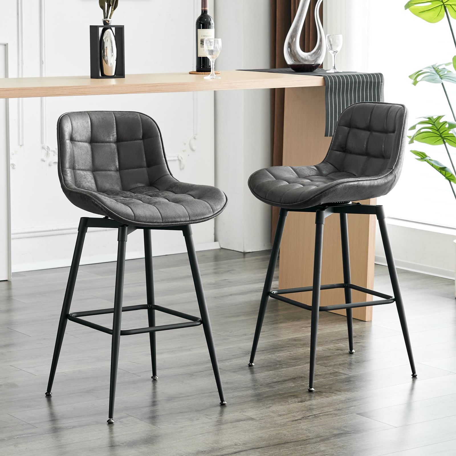 26 Bar Stools Set of 2 360 Swivel Counter Bar Stool with Back Mid Century Modern Suede Fabric Barstool Chair for Kitchen Island Bar Counter Black Gray Walmart