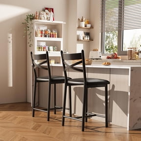 26" Bar Stools Set of 2, Counter Height Bar Stools Metal Dining Chairs with Straight-line Back Back and Thick Cushion PU Leather Restaurant Dining Room Chairs with Waterproof Surface,Black