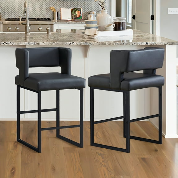 26" Bar Stools Set of 2, Faux Leather Counter Height Bar Stools with Square Open Backrest and Metal Frame, Kitchen Counter Chair for Island, Home Bar, Pub