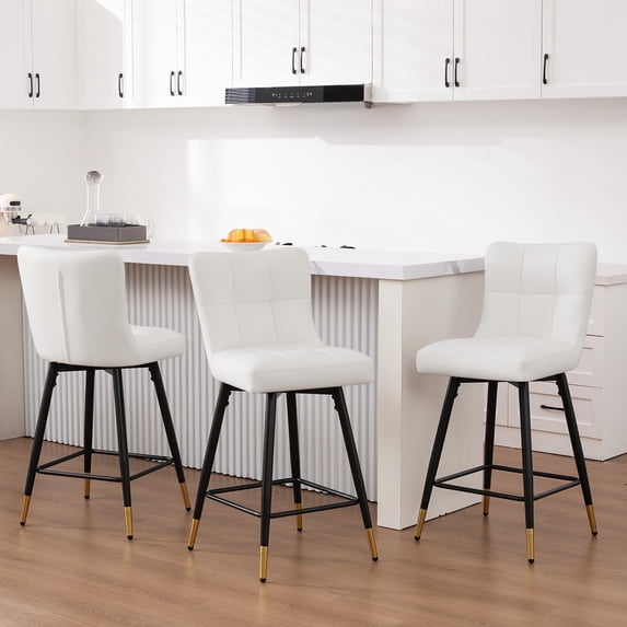 26"Bar Stools Set of 3, 360°Swivel Counter Height Bar Stools Faux Leather Upholstered Barstools with Back & Metal Legs Bread grid Counter Height Barstools for Bar Kitchen Dining Room White