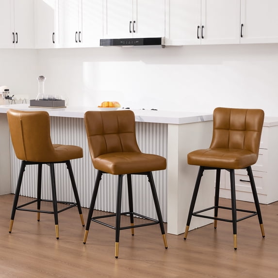 26"Bar Stools Set of 3, 360°Swivel Counter Height Bar Stools Faux Leather Upholstered Barstools with Back & Metal Legs Bread grid Counter Height Barstools for Bar Kitchen Dining Room Brown