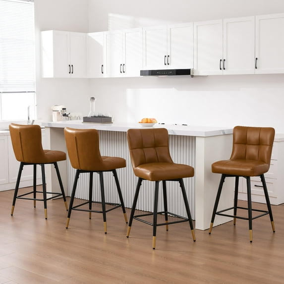26"Bar Stools Set of 4, 360°Swivel Counter Height Bar Stools Faux Leather Upholstered Barstools with Back & Metal Legs Bread grid Counter Height Barstools for Bar Kitchen Dining Room Brown