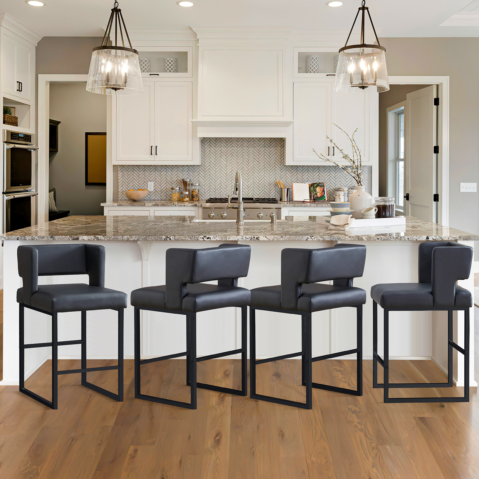 26" Bar Stools Set of 4, Faux Leather Counter Height Bar Stools with ...