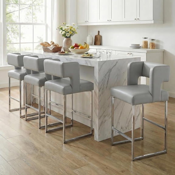 26” Bar Stools Set of 4, Modern Counter Height Bar Stools with Back & Footrest, PU Barstools for Kitchen Island, Home Bar
