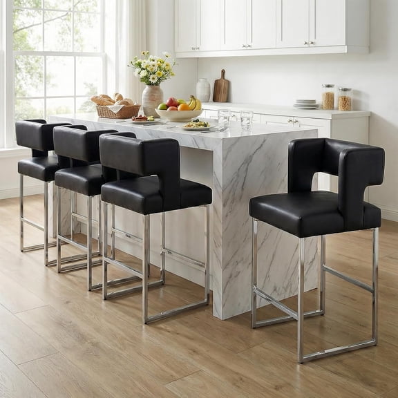 26” Bar Stools Set of 4, Modern Counter Height Bar Stools with Back & Footrest, PU Barstools for Kitchen Island, Home Bar
