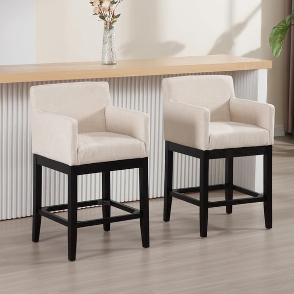 26' Bar Stools Set of 4, Modern Farmhouse Linen Fabric Bar Chairs with Armrest Black for Kitchen Dining Room