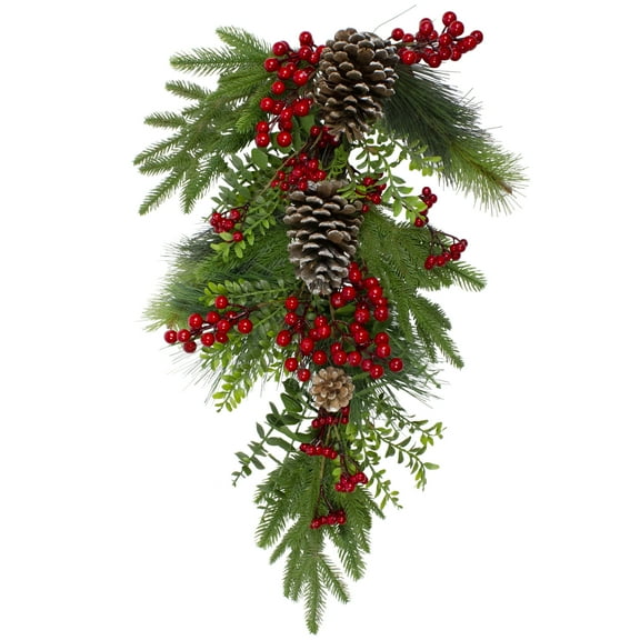 26" Berry and Snowy Pinecones Artificial Teardrop Christmas Swag - Unlit