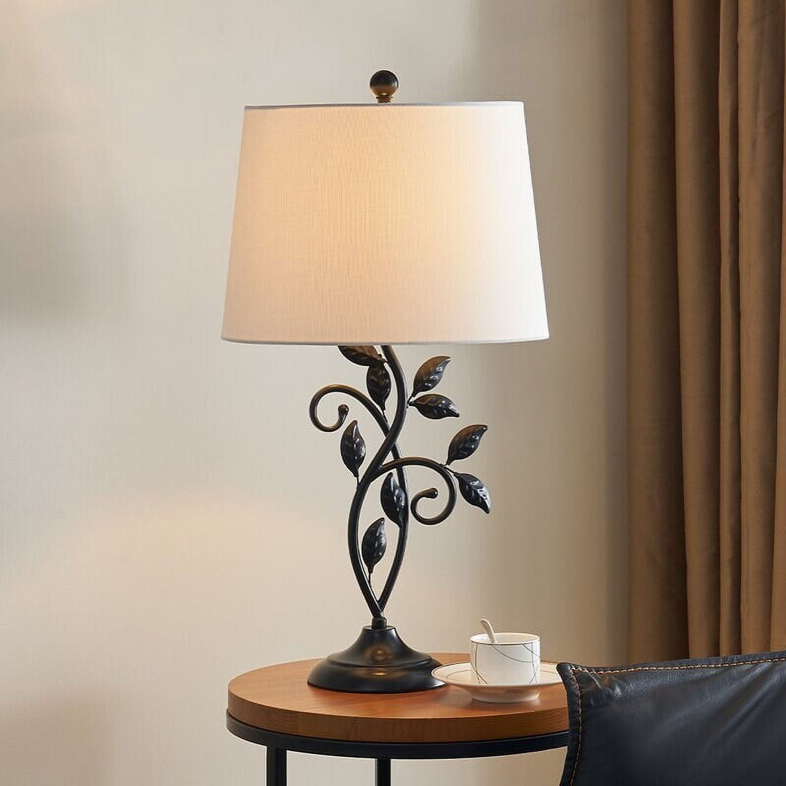 26" Black Table Lamp Set with White Fabric Shade and Leaf Accents