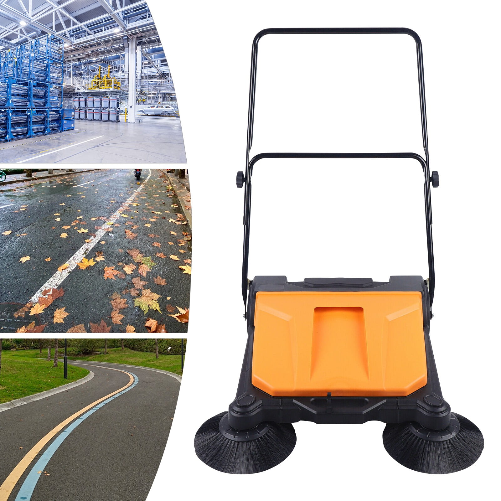 26" Black+Orange Manual Hand Push Sweeper Moder Hand Push Floor Sweeper for Garages Courtyards Offices