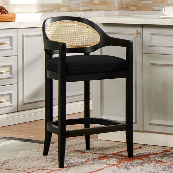 26" Black Woven Cane Stool / Barrel - shaped Mid - back for Comfort