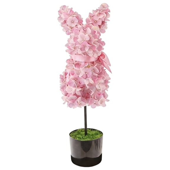 26" Blooming Pink Hydrangea Easter Bunny Topiary in Pot, Artificial Flower Rabbit Floral Arrangement, Spring Decor for Home Porch & Garden