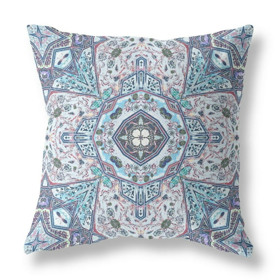 26†Blue Gray Floral Boho Indoor Outdoor Throw Pillow