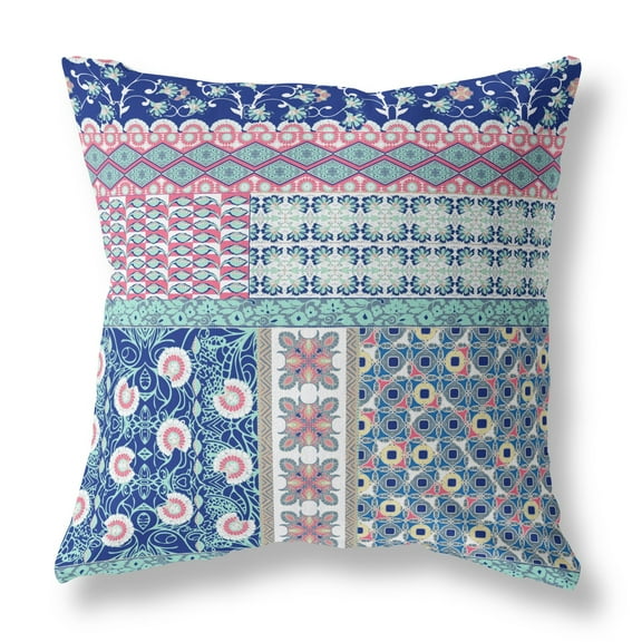 26â€ Blue Pink Patch Indoor Outdoor Throw Pillow