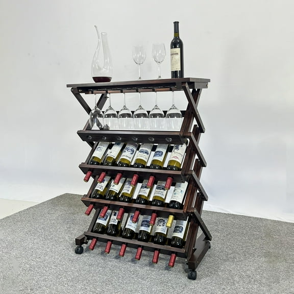 26-Bottle Freestanding Wine Rack, Wooden Wine Rack Storage Shelf with Wood Top, Wine Racks Free Standing Floor Display Rack for Kitchen, Pantry, Cellar, Walnut