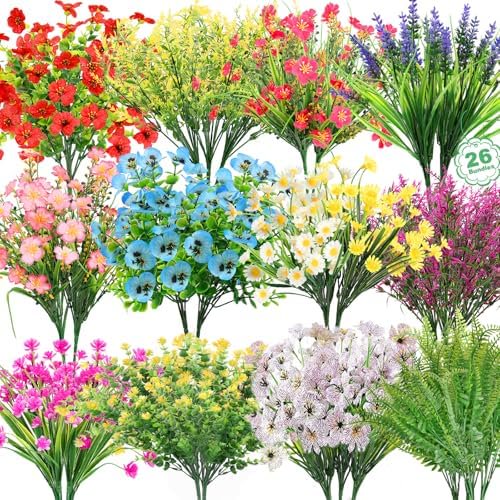 26 Bundles 13 Style Artificial Flowers for Outdoors Multicolor Fake Flowers Plastic Plants Faux Lavender Pansies UV Resistant for Spring Summer Garden Patio Hanging Planter Window Box Vase Decor