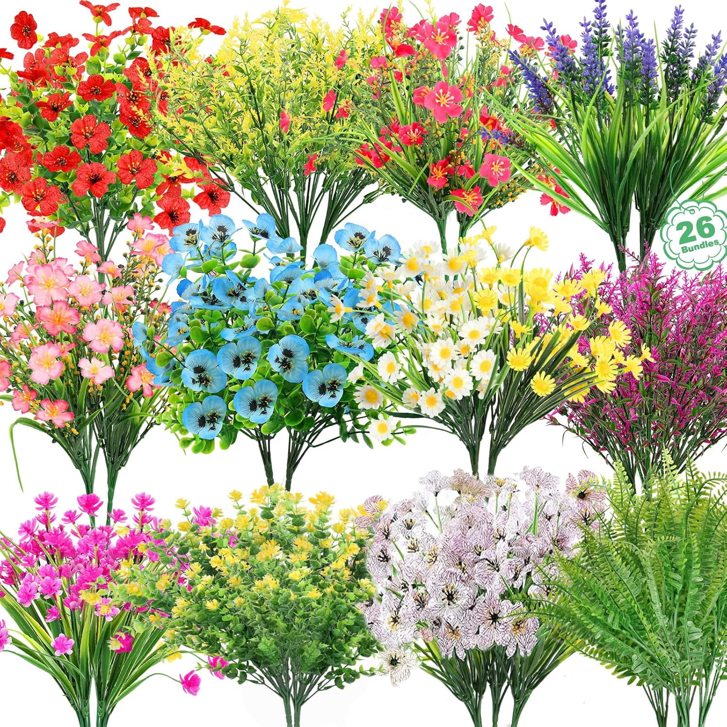 26 Bundles 13 Style Multicolor Artificial Outdoor Flowers, Fake Plastic Plants Faux Lavender Pansies, UV Resistant for Spring Summer Garden Patio Hanging Planter Window Box Vase Decor