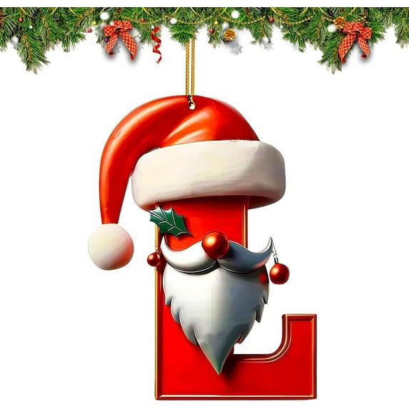 26 Christmas Santa Claus Letters Hanging Decor Ornament A to Z Initial Letter Pendant, 2D Acrylic Flat Red Hats Christmas Santa Decor with Red Berry and Holly Leaf, DIY Craft Xmas Alphabet Ornament L