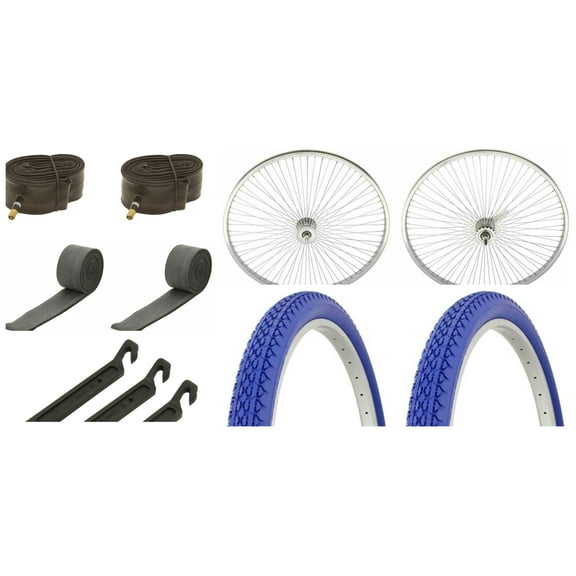 26" Chrome 144 Spoke Front and Back Coaster Wheel & two Tire Duro 26 x 2.125 Blue/Blue Side Wall HF0133. and two tube, two Rim strip, three tire lever tool.