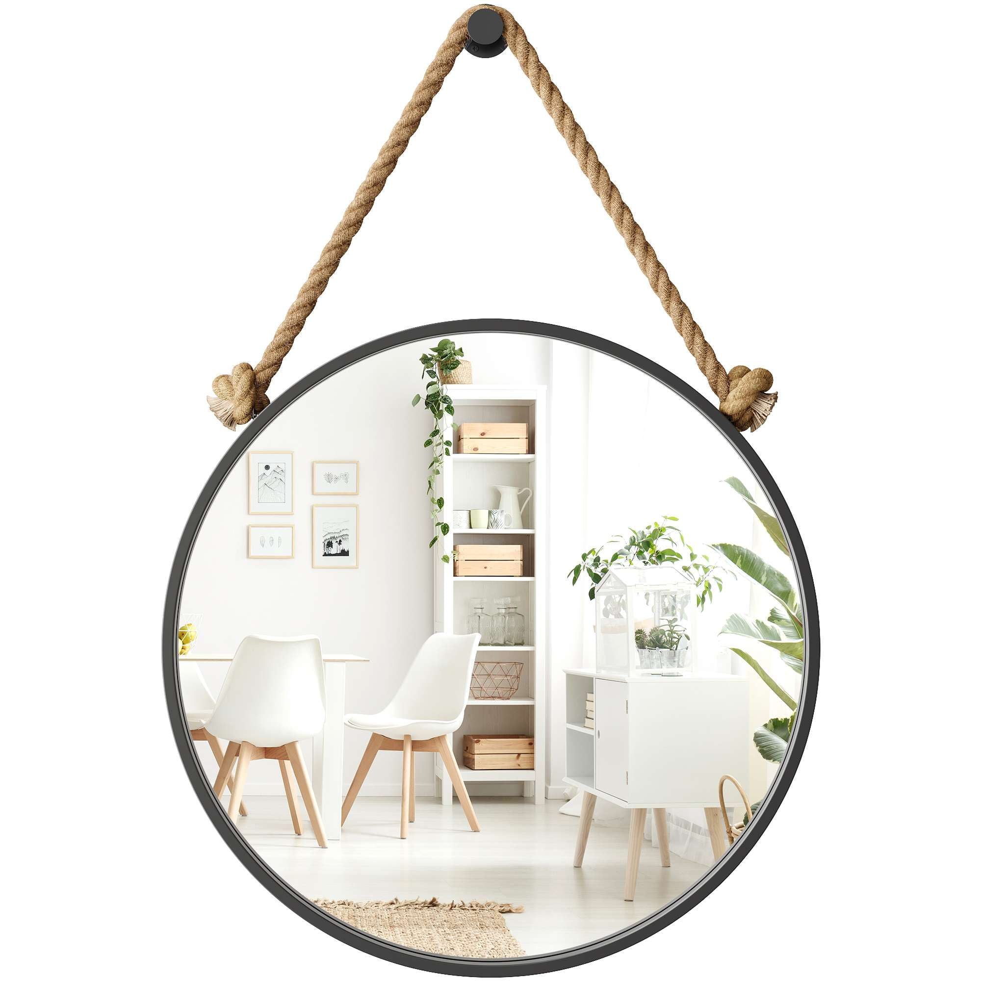 26" Black and Brown Coastal Round Mirror with Rope Hanging