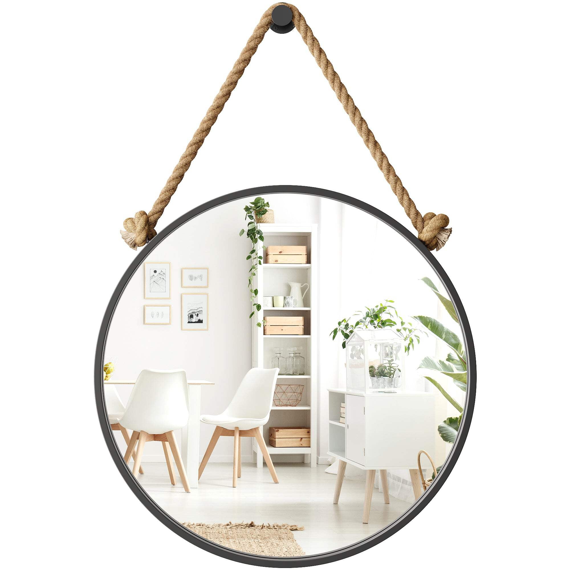26" Black and Brown Coastal Round Mirror with Rope Hanging