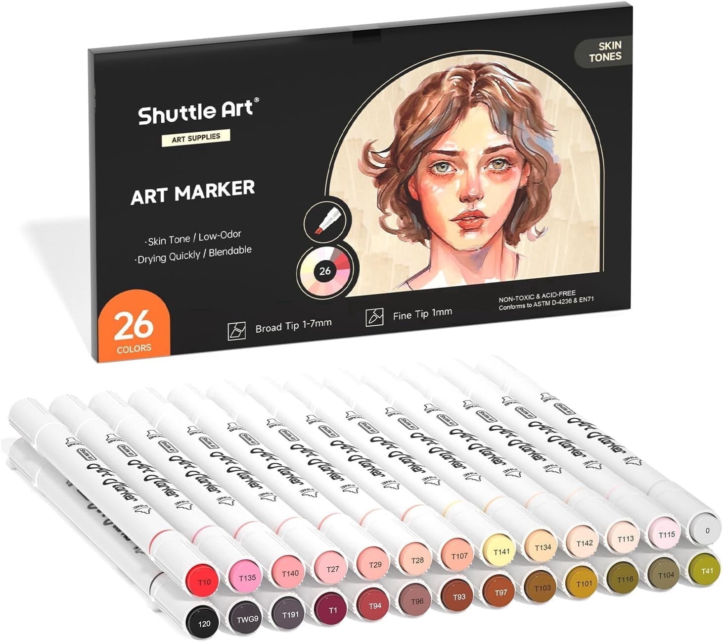 26 Colors Skin Tone&Hair Art Markers, Shuttle Art Dual Tip Alcohol Based Flesh-Color Marker Pen Set Contains 1 Blender Perfect for Adults Portrait,Comic, Anime, Manga, Illustration.
