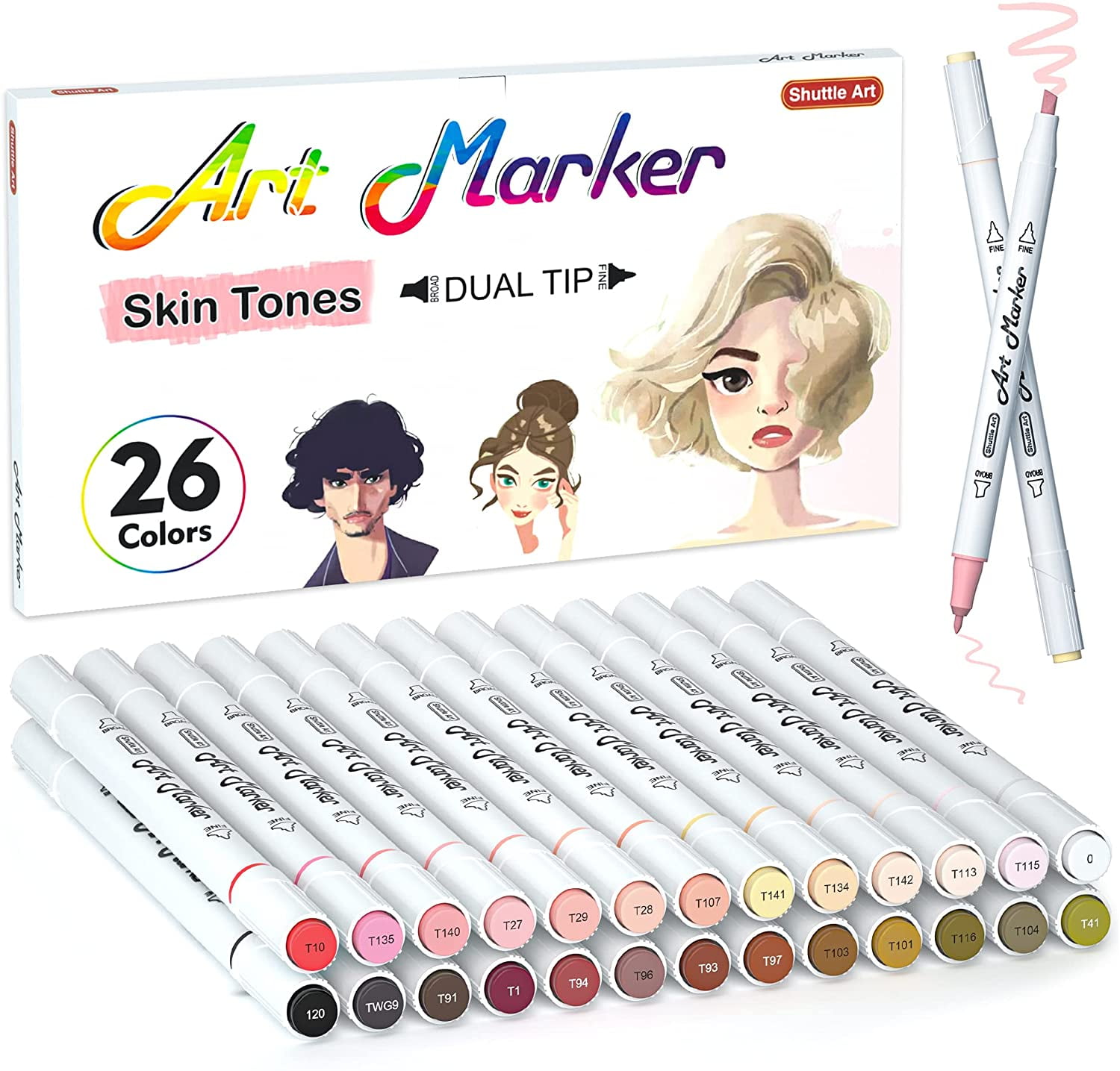 26 Colors Skin Tone&Hair Art Markers, Shuttle Art Dual Tip Alcohol Based  Flesh-Color Marker Pen Set Contains 1 Blender Perfect for Kids & Adults