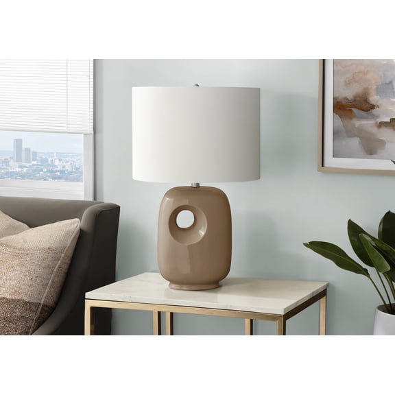 26" Contemporary Brown Ceramic Table Lamp with Ivory/Cream Shade, Modern Bedside Light