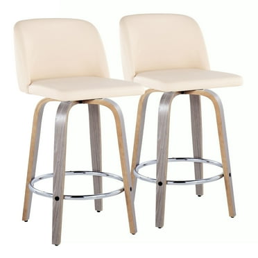 26" Contemporary Fixed-Height Counter Stool with Wood and Faux Leather, Set of 2 Swivel Bar Stool with Round Chrome Metal Footrest, Cushioned Backrest and Seat Upholstered, Cream