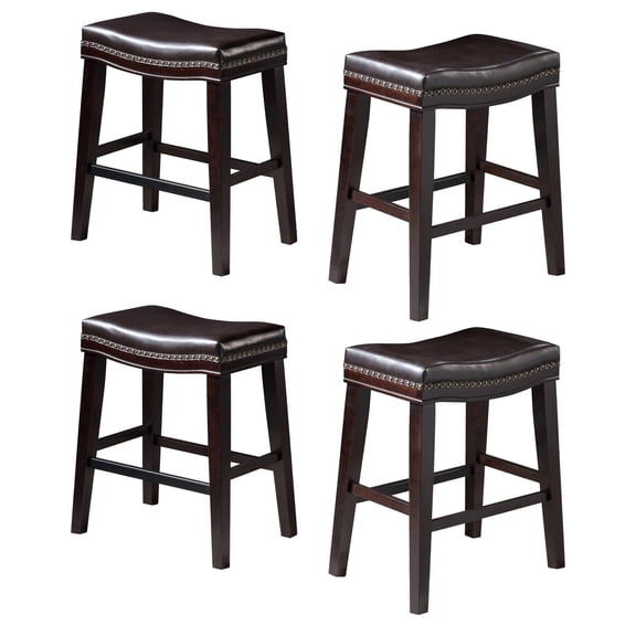 26" Contemporary Upholstered Saddle Counter Stool with Nailhead Trim (Set of 4), Dark Brown
