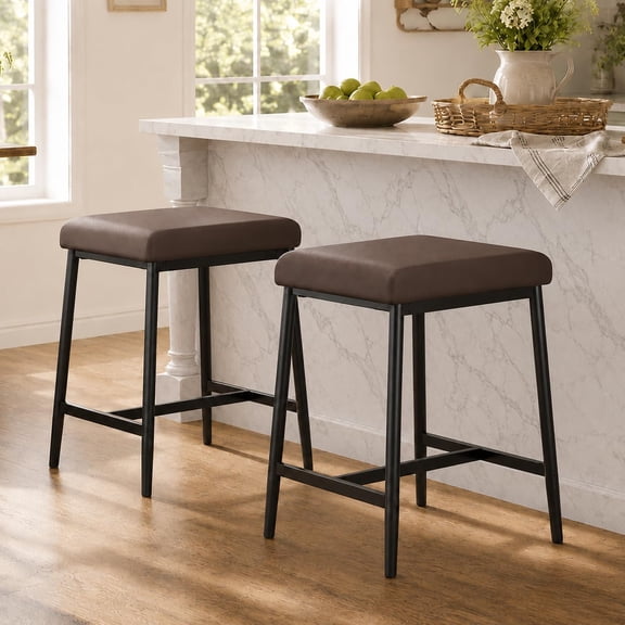 26" Counter Height Backless Bar Stools, Set of 2 - Upholstered Square Seat - Metal Frame with Footrest, Modern Kitchen Island Style - - Brown square-round bar stool (without backrest), 2pcs per set