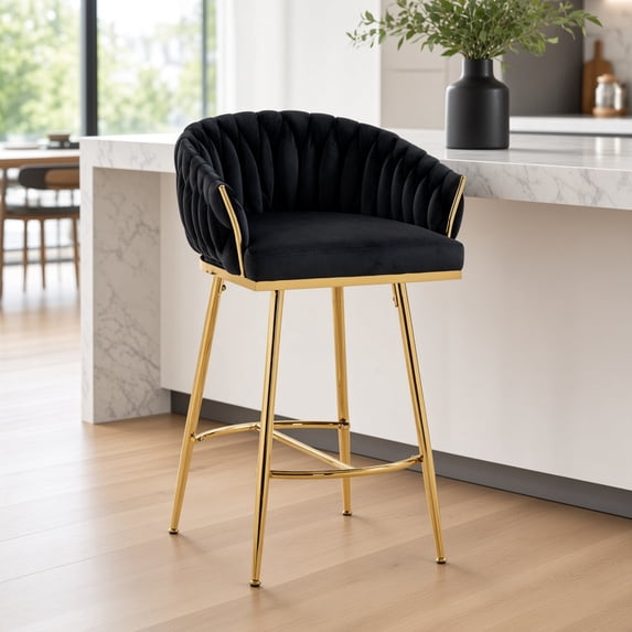 26" Counter Height Bar Stool, Velvet Upholstered with Hand-Wave Back, Golden Chrome Base & Footrest, Modern Kitchen Island Stool, Black