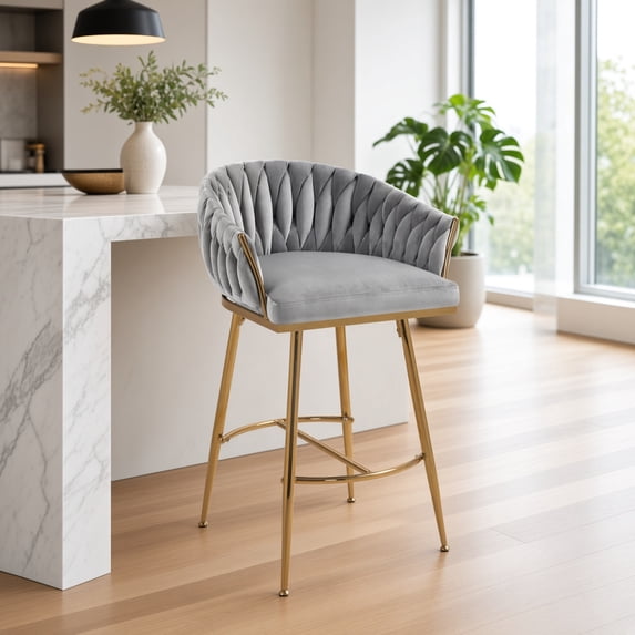 26" Counter Height Bar Stool, Velvet Upholstered with Hand-Wave Back, Golden Chrome Base & Footrest, Modern Kitchen Island Stool, Gray